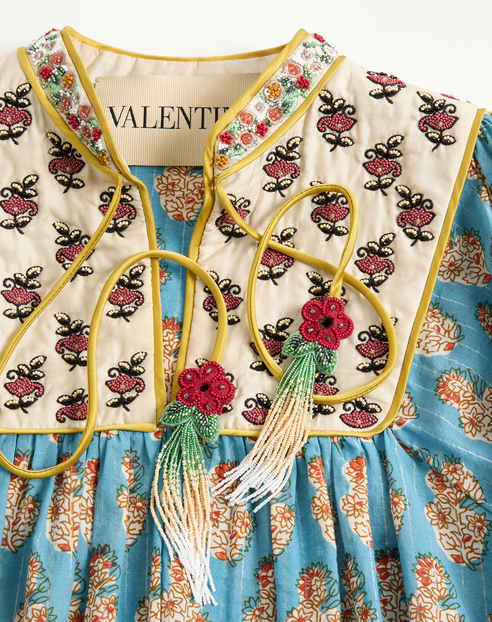 Valentino Beaded Pinstripe Floral-print Blouse In Green