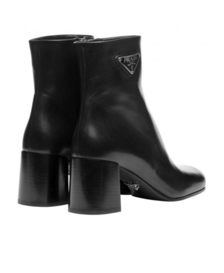 Prada Black Leather Ankle Boots With Logo Triangle Women In Black