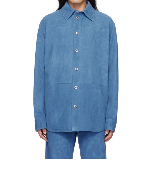 Bottega Veneta Lapel Long-sleeved Leather Jacket In Blue