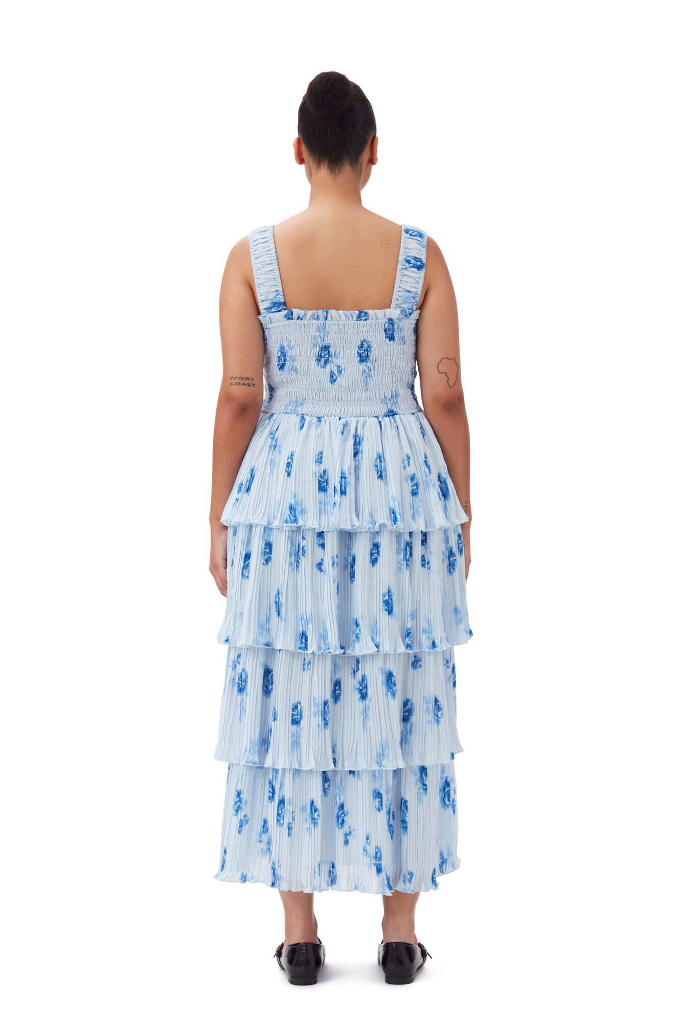Ganni Ruffled Shirred Pleated Georgette Midi Dress In Blue