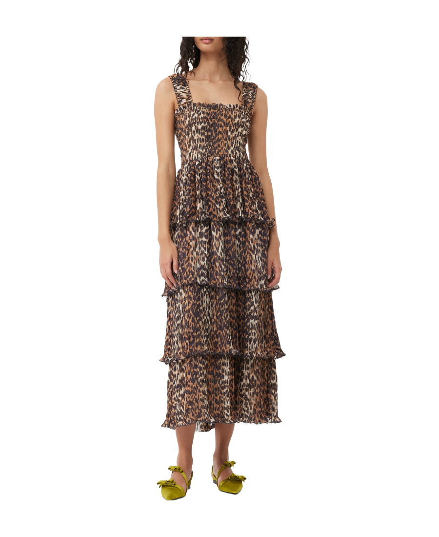 Ganni + Net Sustain Pleated Smocked Leopard-print Recycled-georgette Midi Dress In Brown