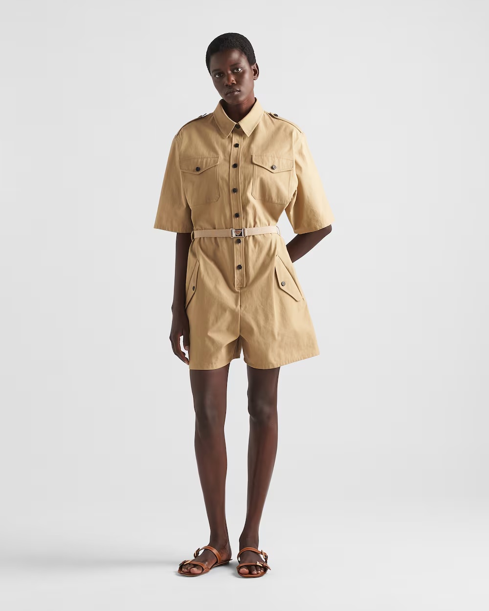 Prada Short-sleeved Button-down Jumpsuit In Khaki