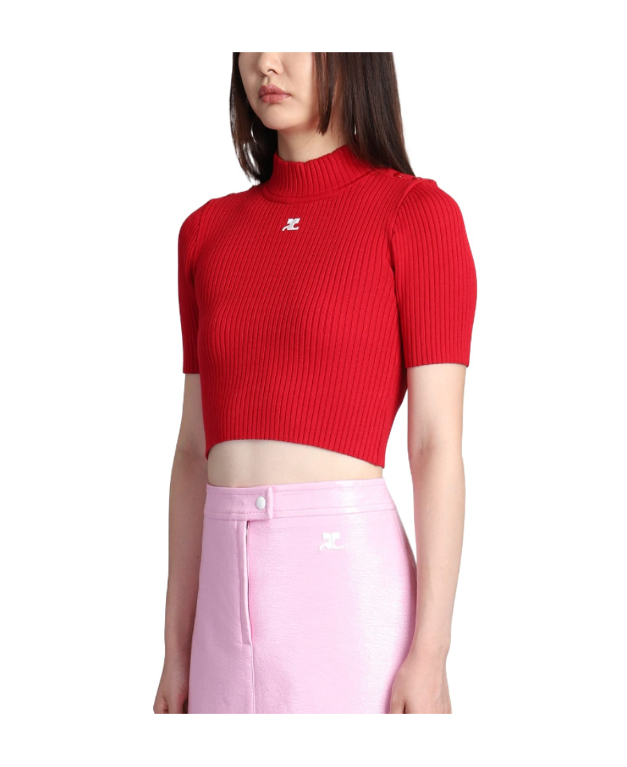 Shop Courrèges Logo-appliqué Cropped Ribbed Jumper In Red