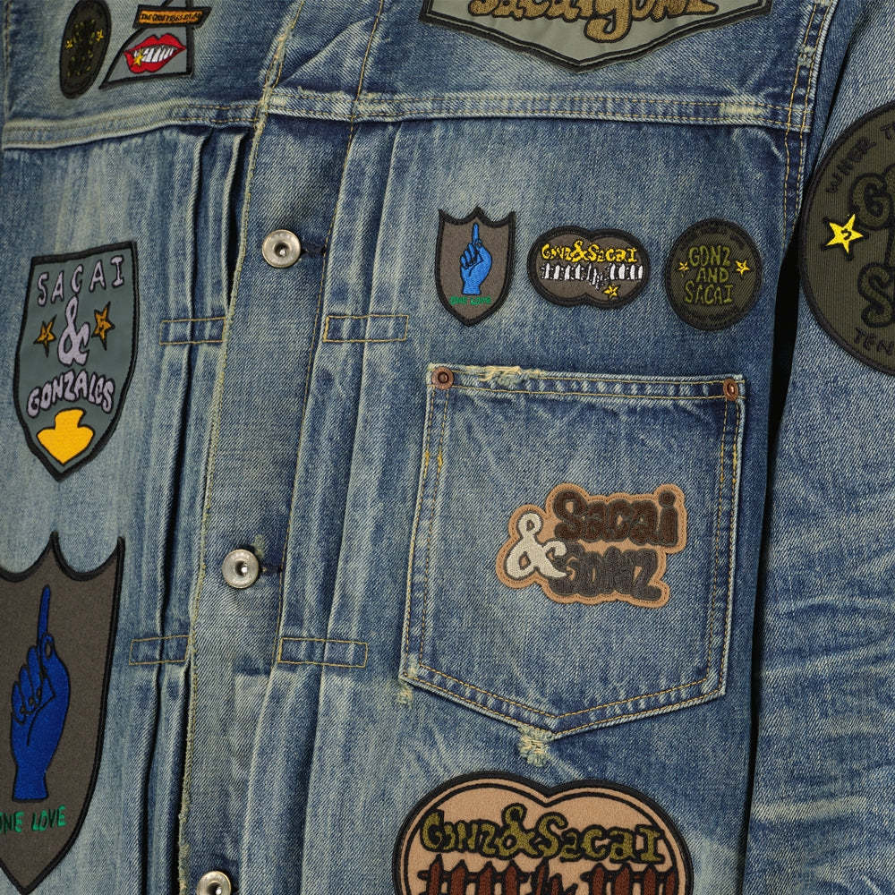 Sacai Patch-embellished Button-up Denim Jacket In Multicolor