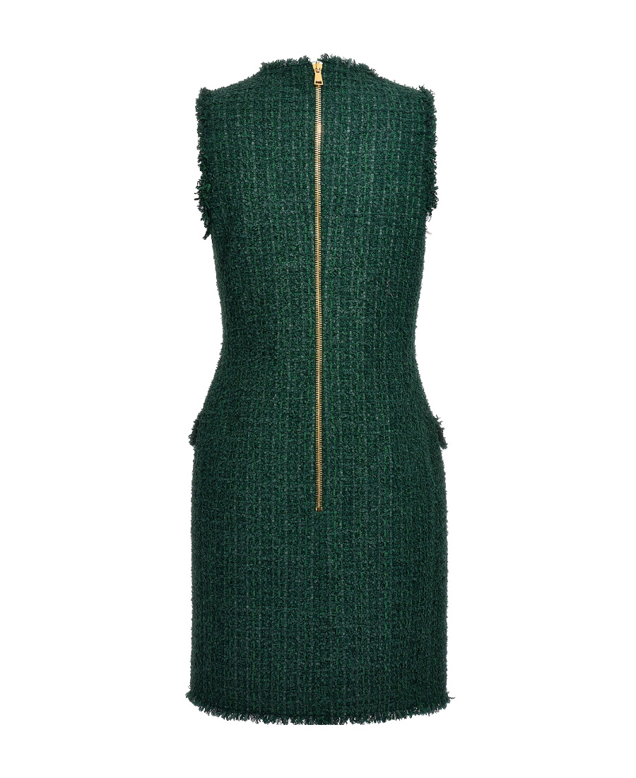 Balmain Button-embellished Tweed Mini Dress In Green