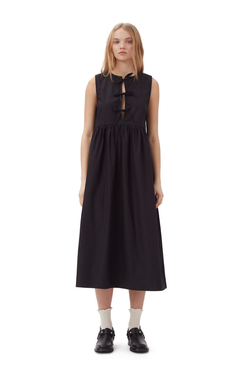 Ganni Tie String Poplin Dress In Black
