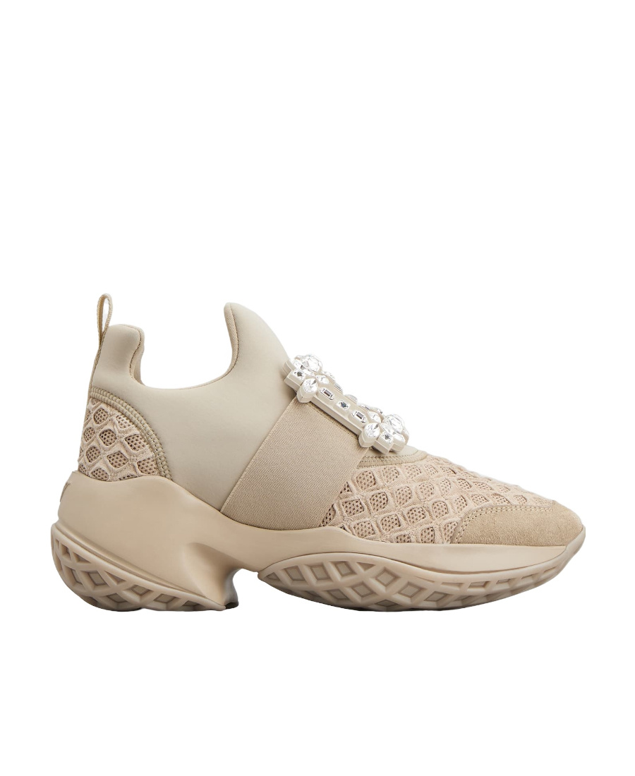 Roger Vivier Crystal Buckle Mesh Sneakers In Nude