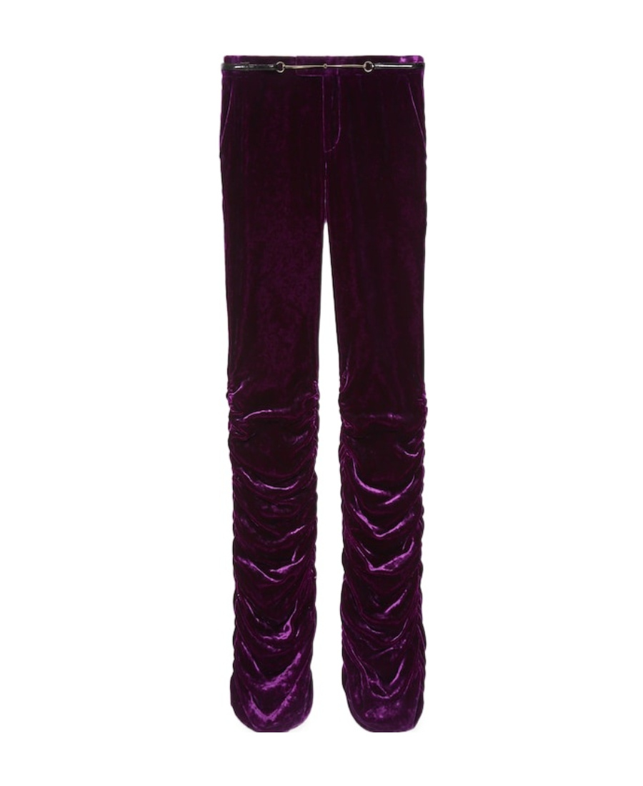Gucci Horsebit Belted Velvet Slim-leg Trousers In Purple