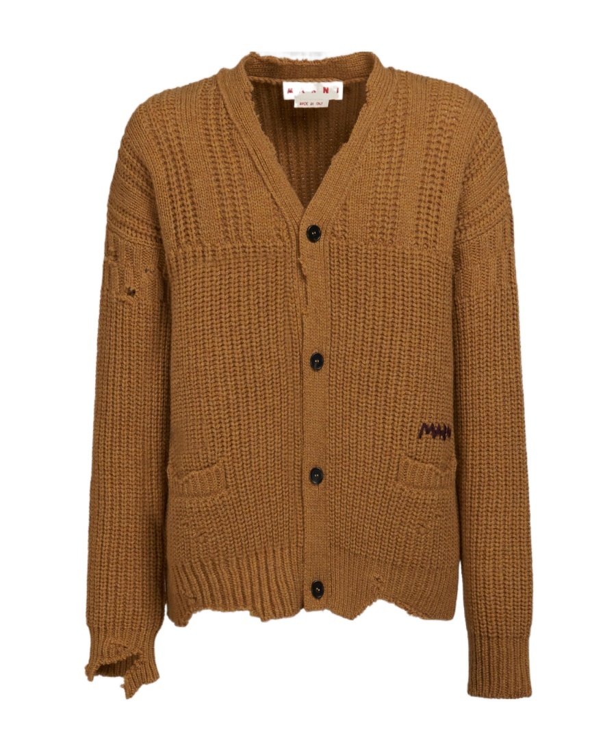 Marni Distressed-finish Cable-knit Cardigan In Brown