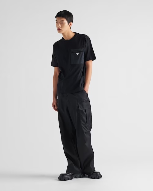 Prada Cotton T-shirt With Nylon Pocket In Black