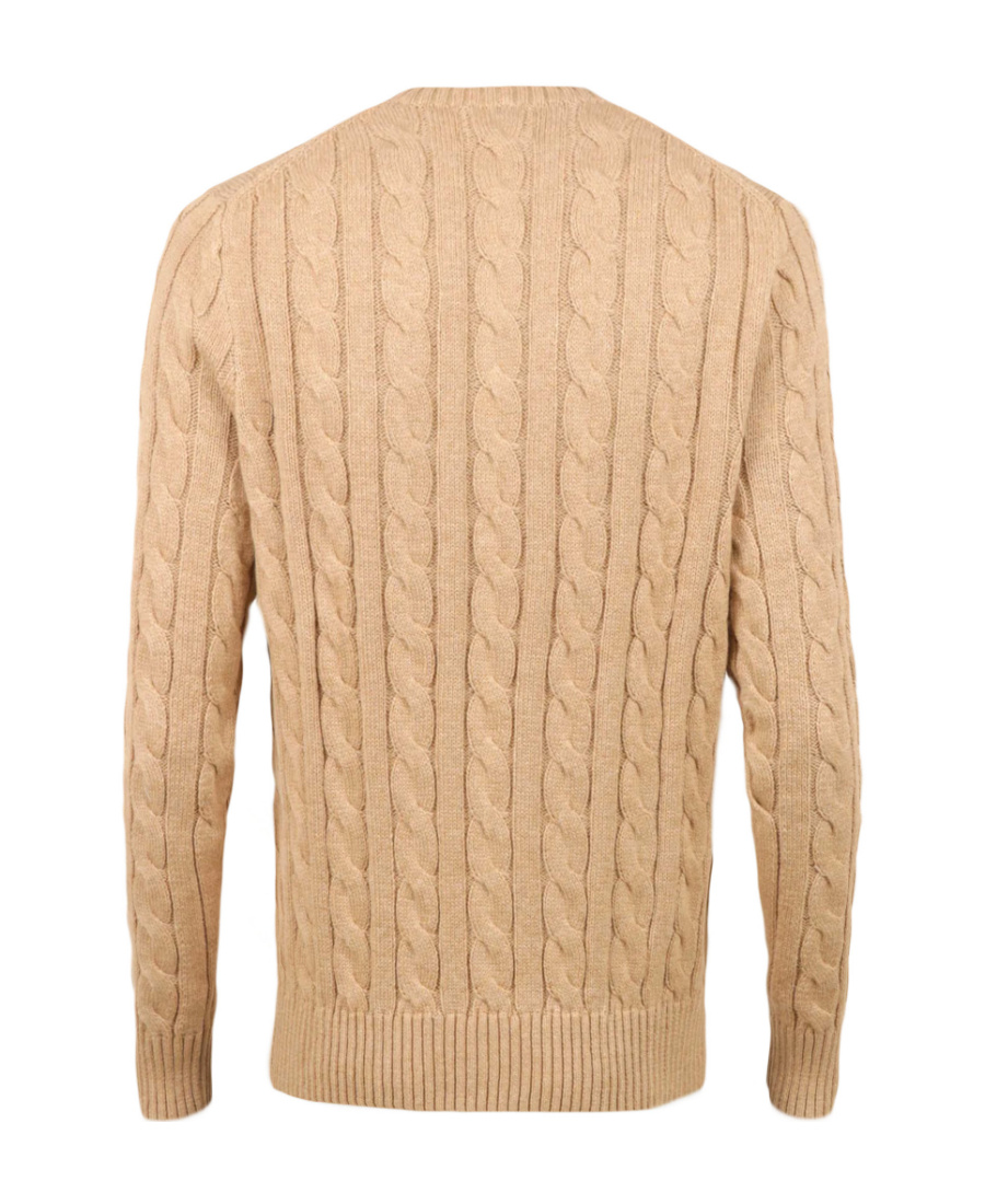 Polo Ralph Lauren Beige Cable Knit Crewneck Sweater With Pony Embroidery On The Front In Wool And Cashmere Man In Brown