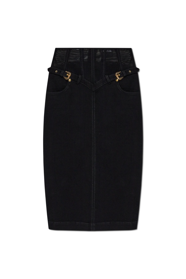 Shop Versace Jeans Back Slit Denim Skirt In Black