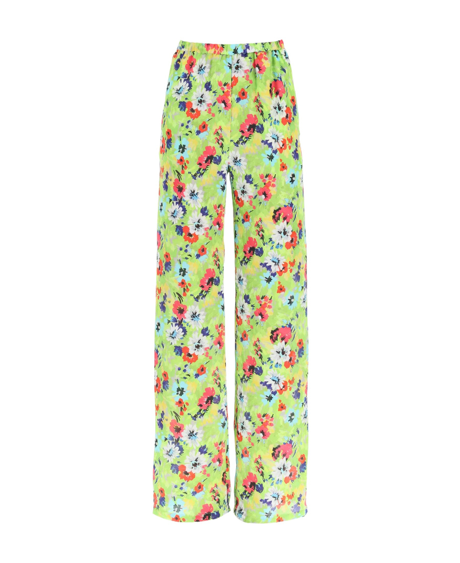 Shop Msgm Floral Printed Wide Leg Pants In Green