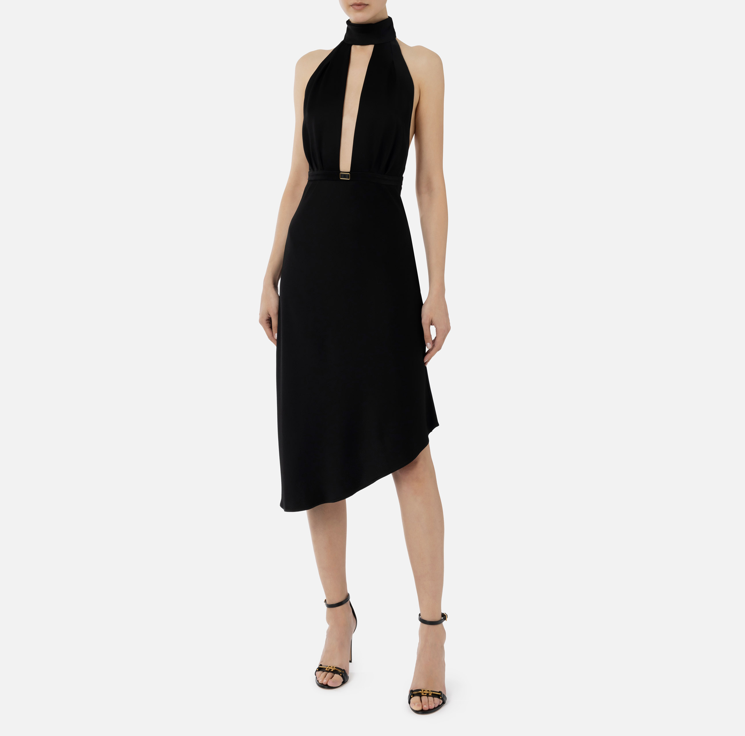 Elisabetta Franchi Women's Satin Midi Dress With Asymmetric Skirt In Black
