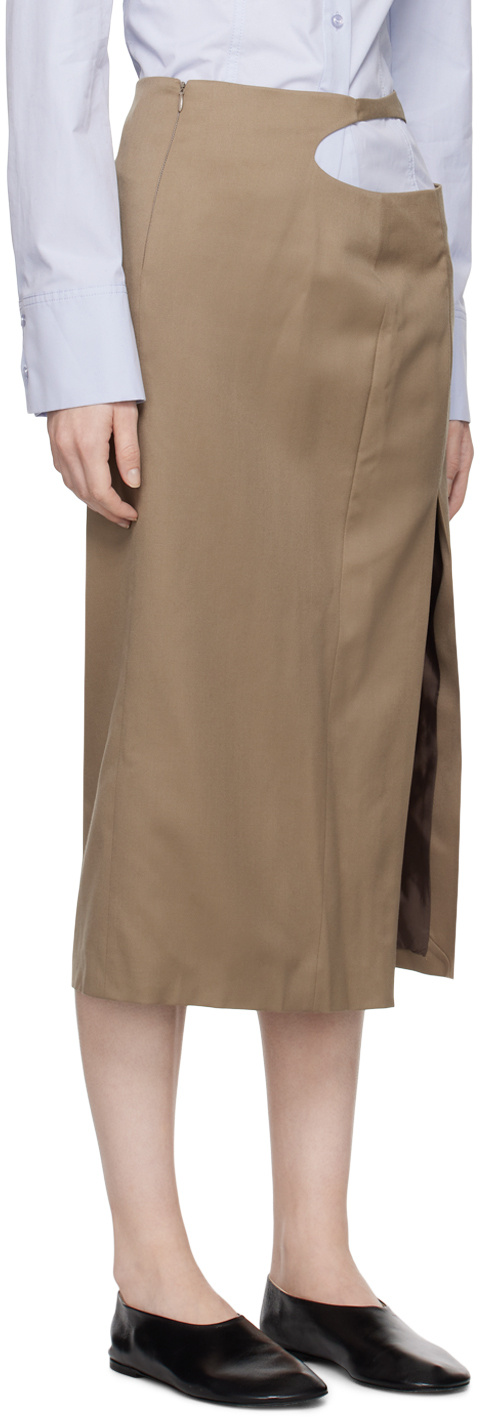 Low Classic Beige Curve Hole Midi Skirt In Brown