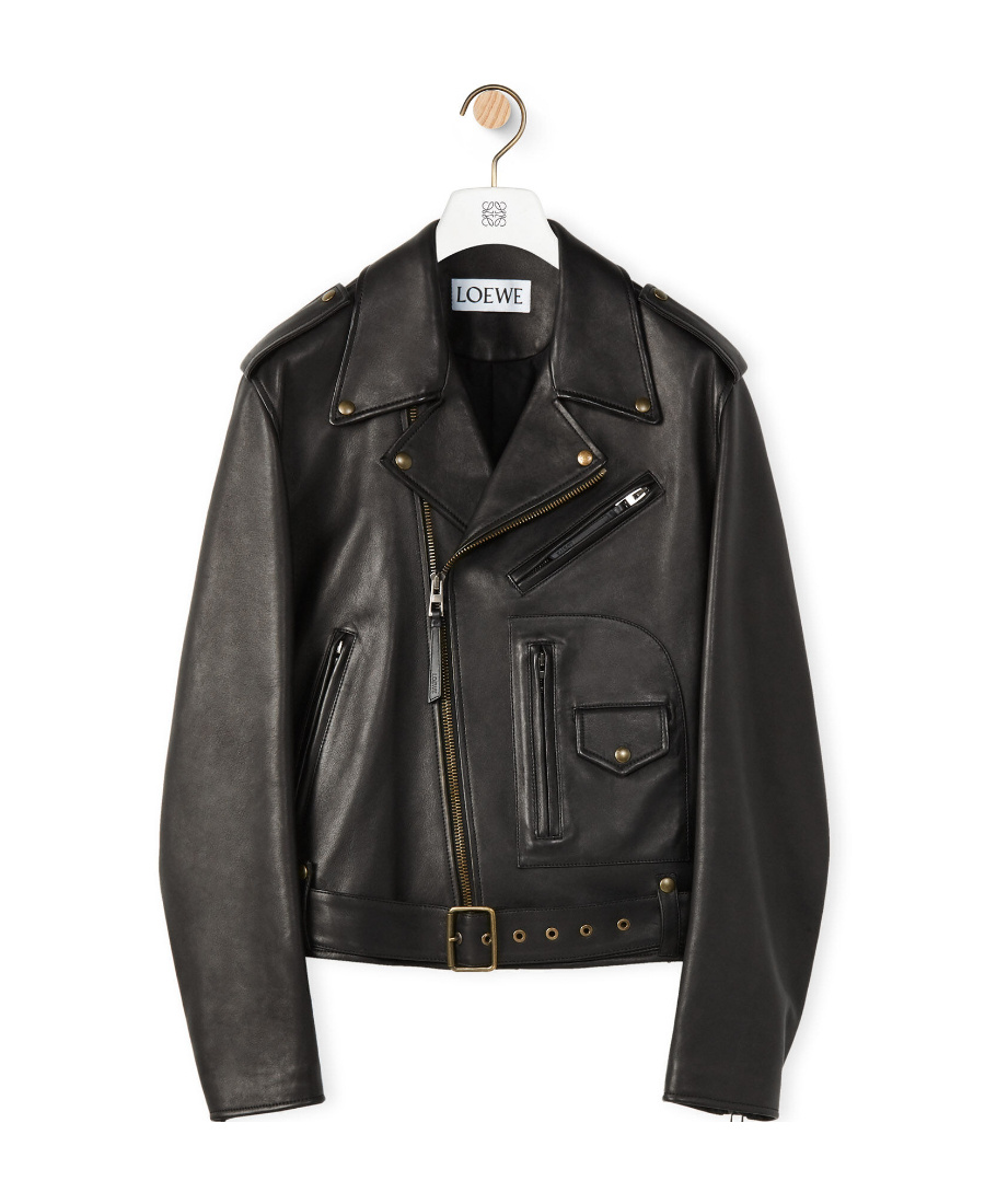 Loewe Zip-up Long Sleeved Leather Biker Jacket In Black