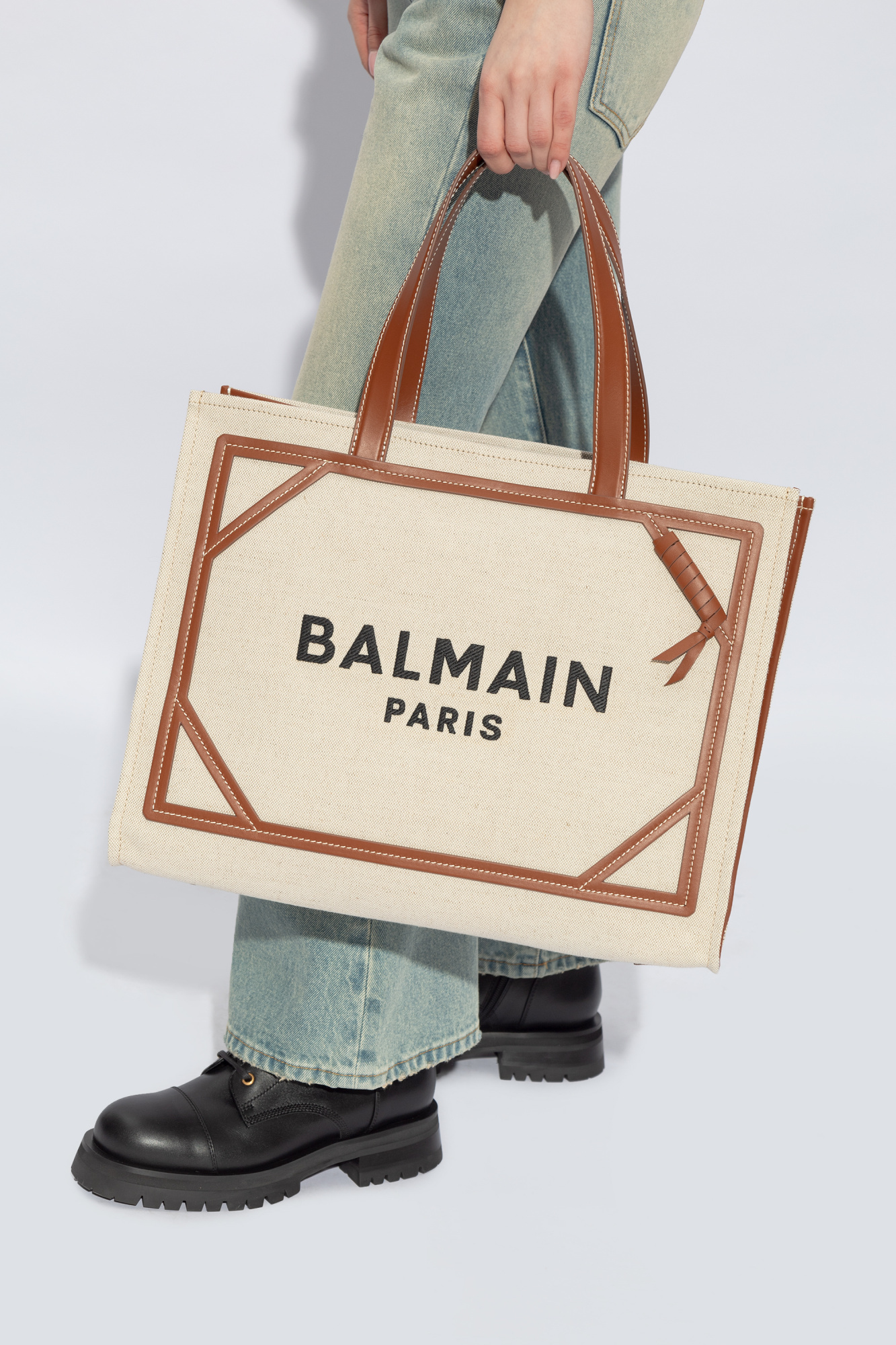 Balmain Women's B-army Medium Canvas And Leather Tote Bag In Nude