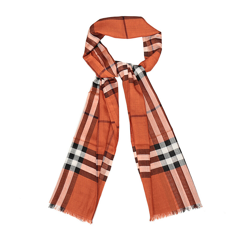 Burberry Orange Plaid Silk Wool Blended Scarf In Multicolor
