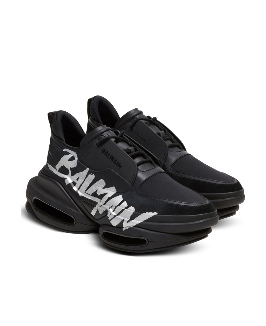 BALMAIN B-BOLD TRAINERS IN RUBBERISED LEATHER AND NEOPRENE