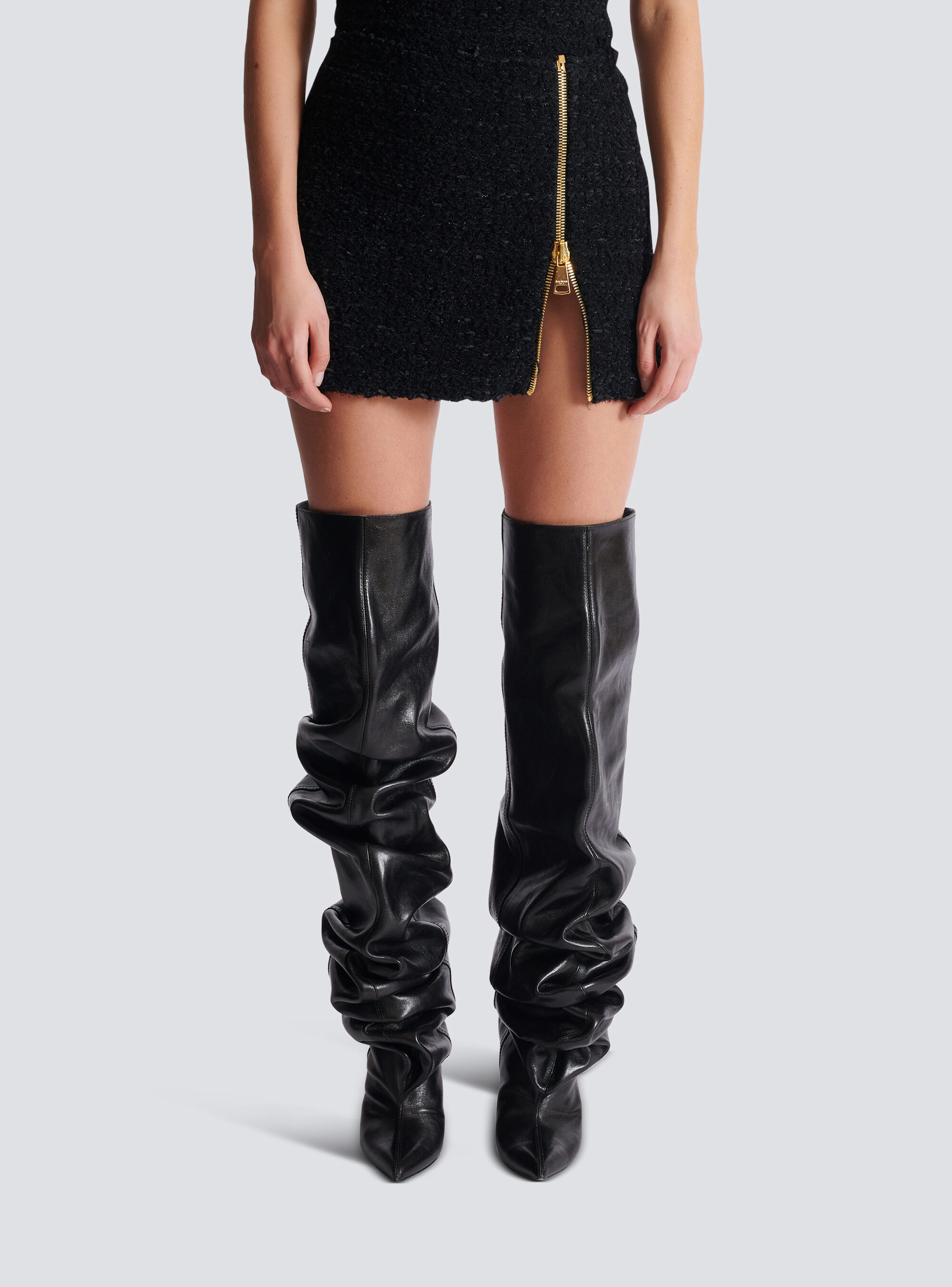 Balmain Short Zipped Tweed Skirt In Blue