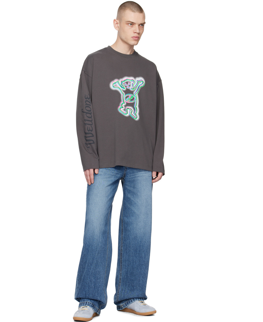 We11 Done Grey Colourful Teddy Print Long Sleeve Cotton T-shirt In Black
