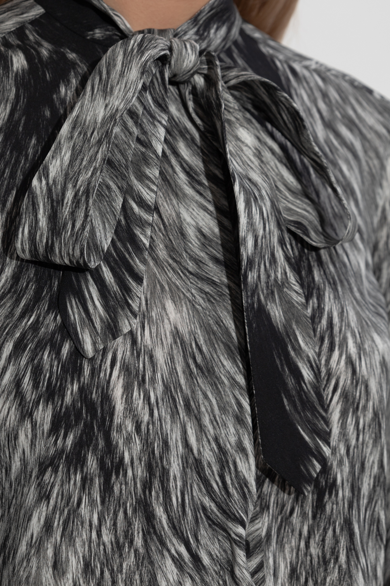 Dolce & Gabbana Fur-print Charmeuse Shirt With Pussy-bow In Gray