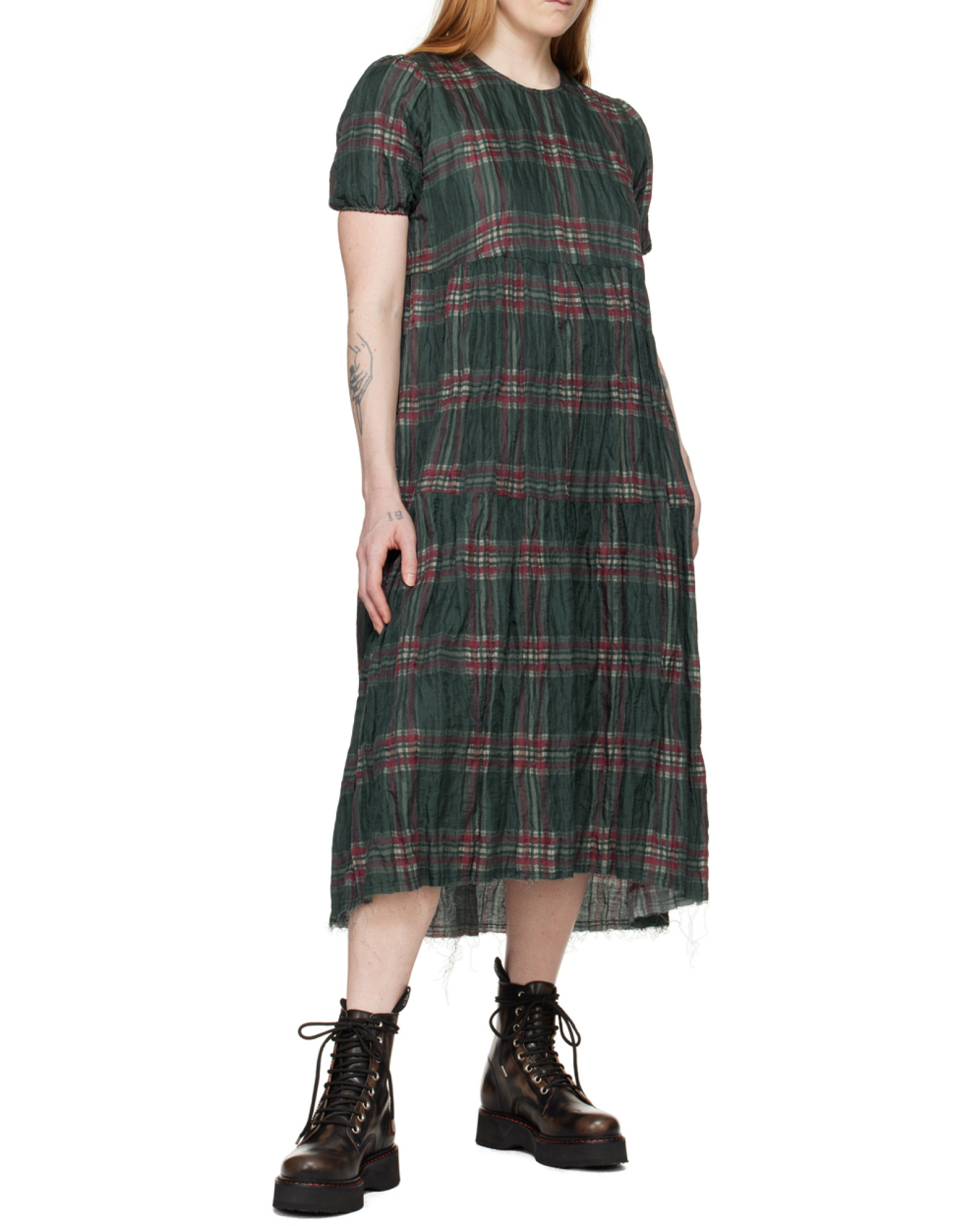 R13 Green Check Midi Dress In Gray