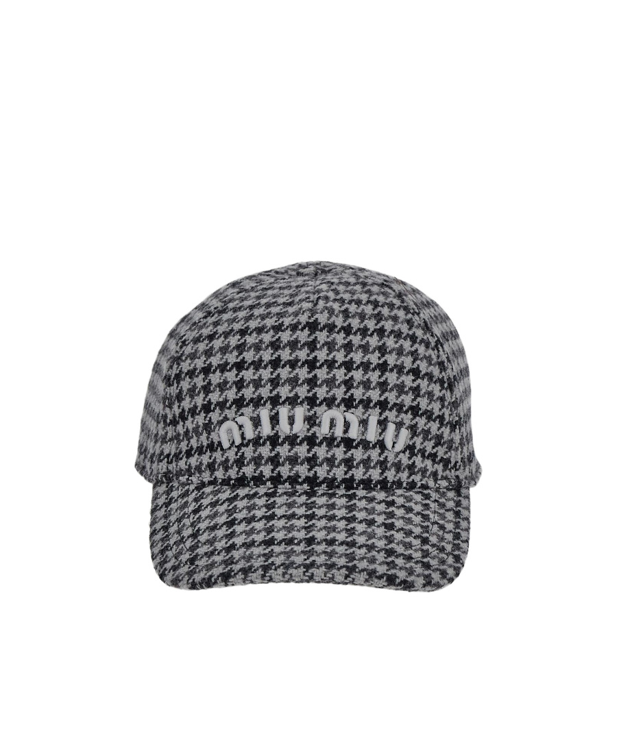 Miu Miu Shetland Logo Houndstooth Cap In Gray