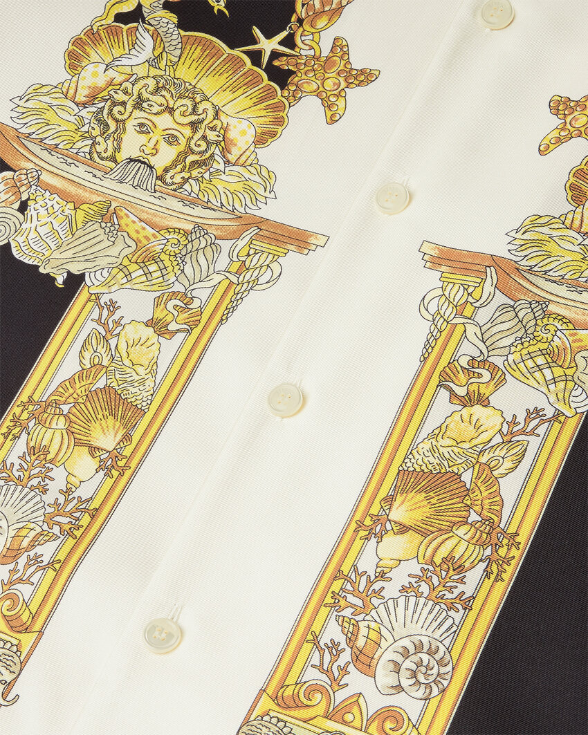 Versace Coral Teater White Bowling Shirt With Cuban Collar And All-over Print In Silk Man In Black