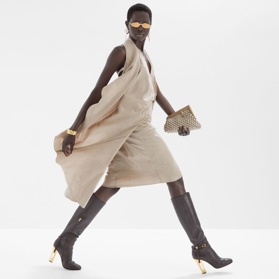Fendi Wool Dress With Back Logoed Ribbon In Nude