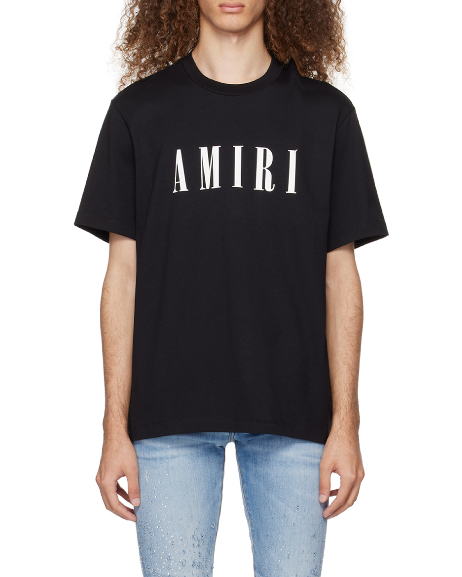 Amiri Black Crewneck T-shirt With Logo Lettering Print On The Front In Cotton Man In Black
