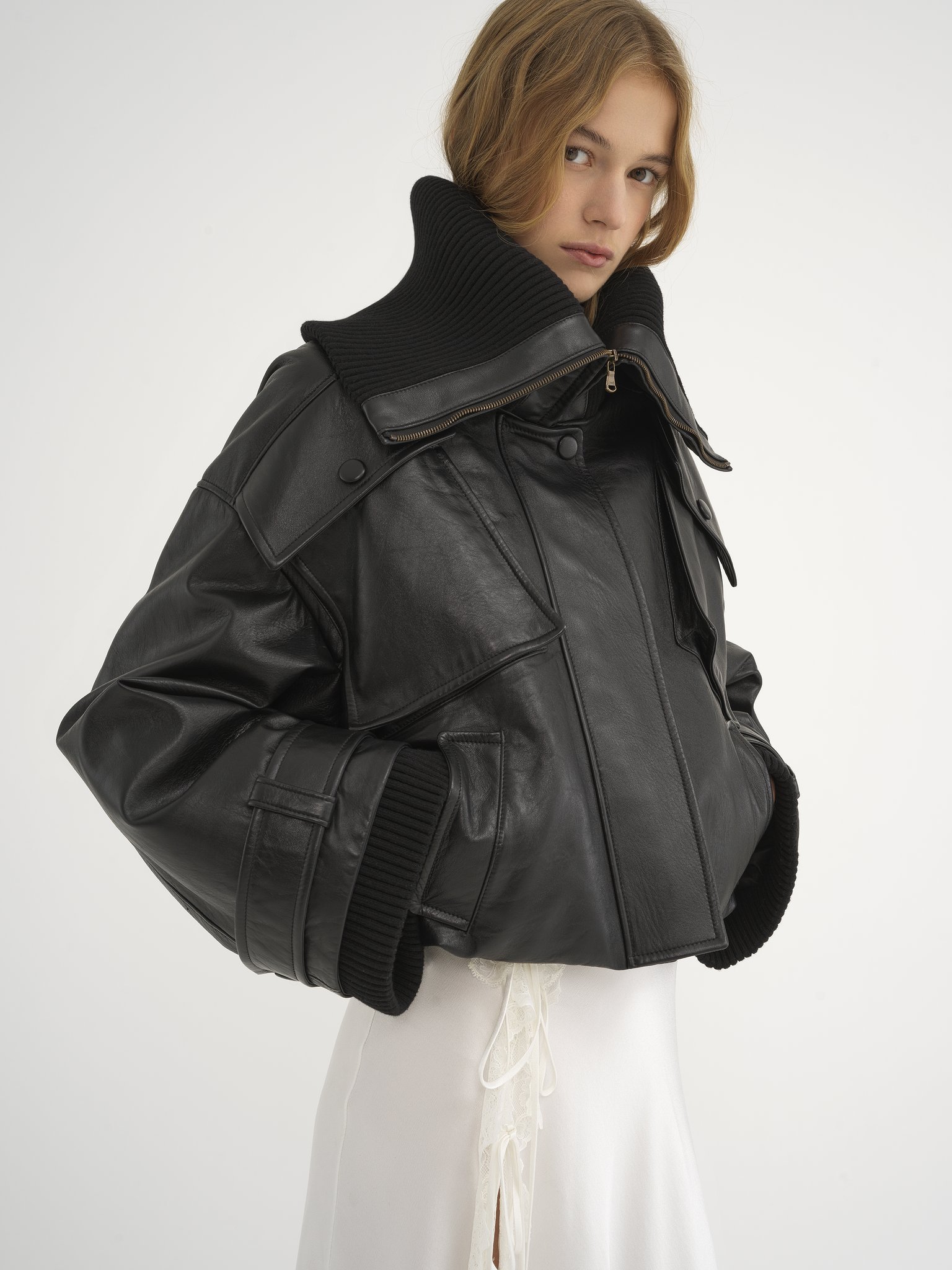 Chloé Ribbed Knit-trimmed Leather Bomber Jacket In Black