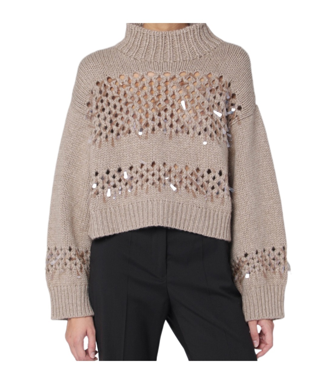 Brunello Cucinelli Chunky Knit Openwork Sweater Featuring Sequins In Pink