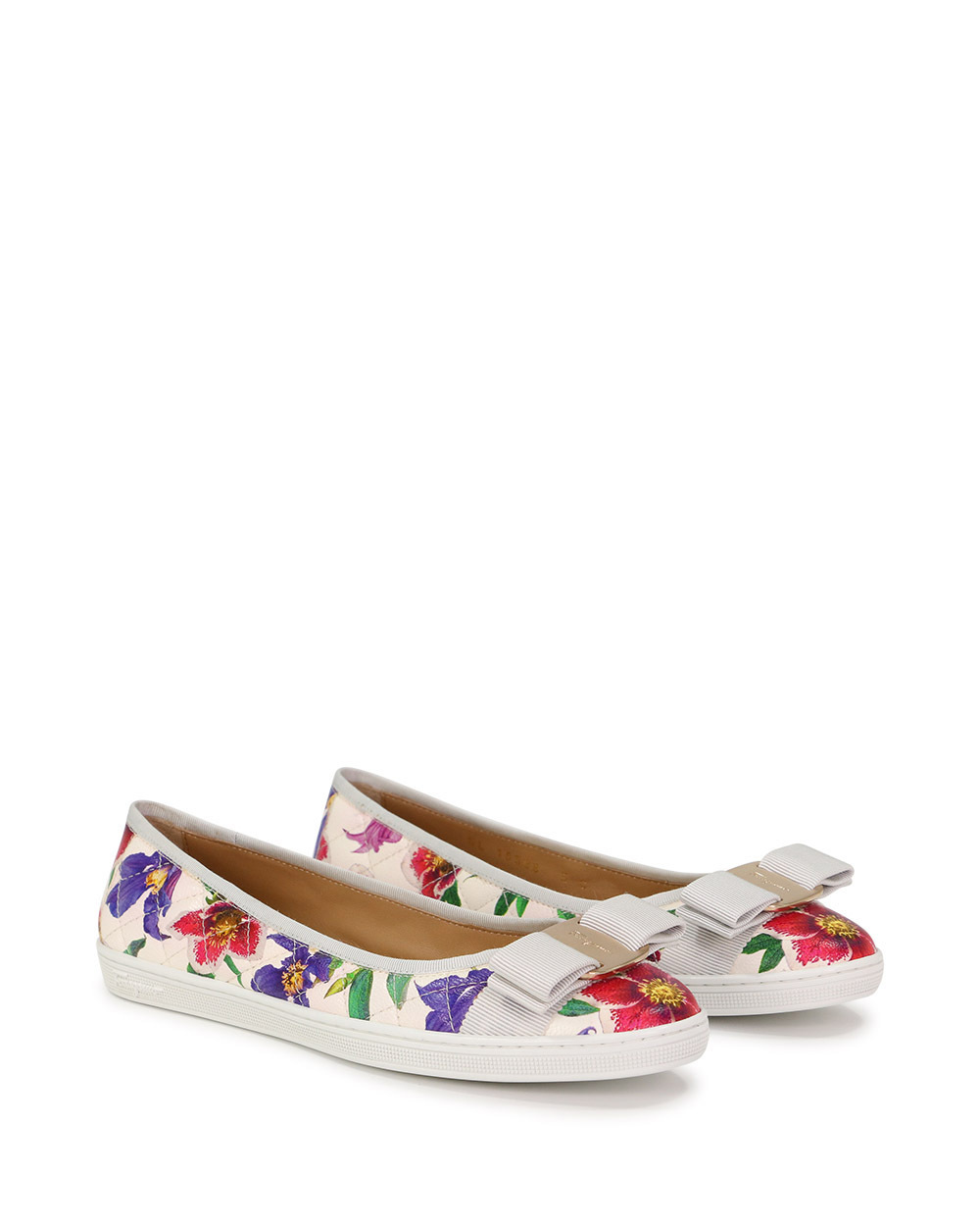 Ferragamo Printed Ballet Shoes With Bow Tie In White