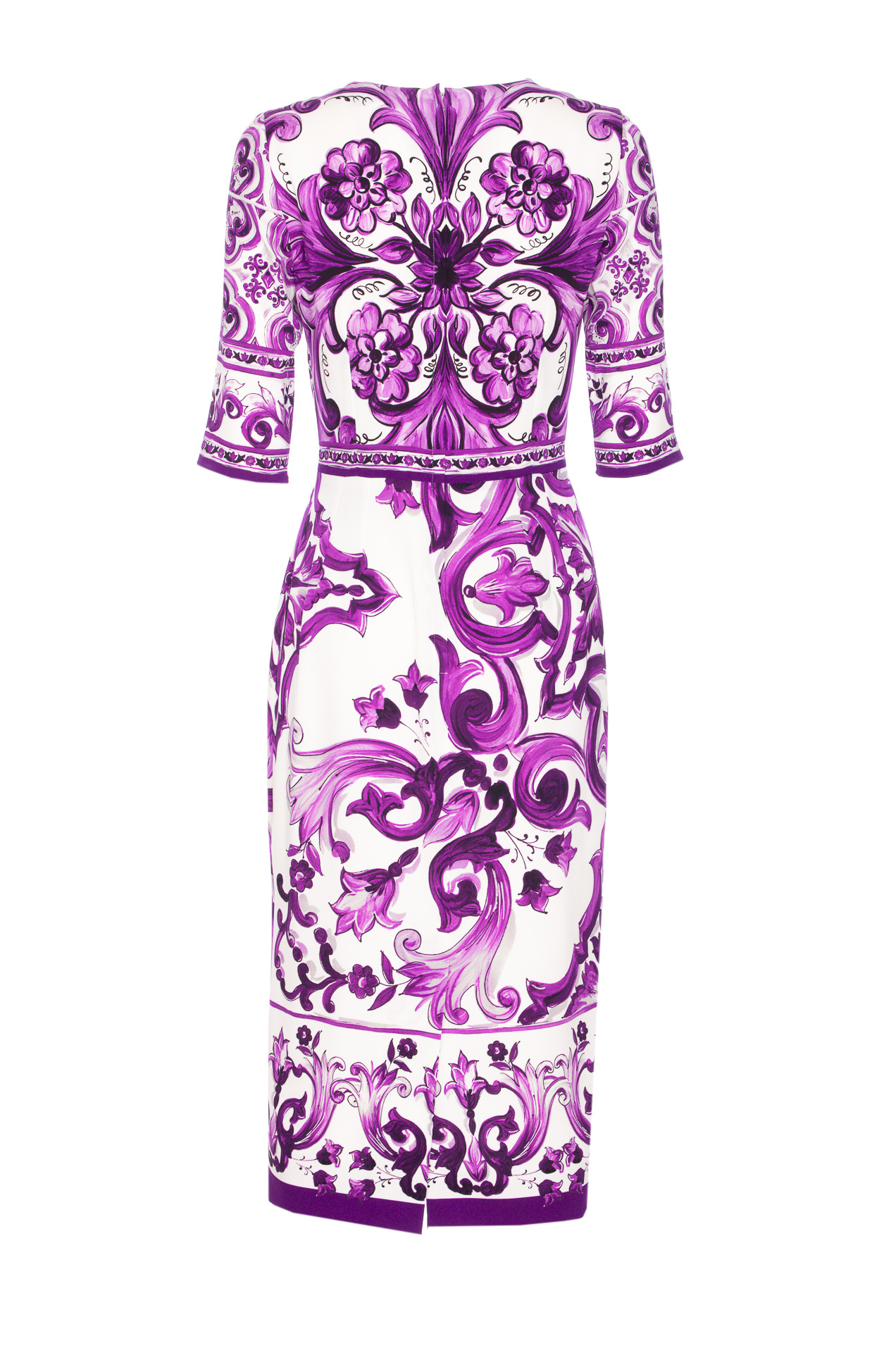 Dolce & Gabbana Violet Crewneck Dress With Rear Zip Closure And All-over Floral Print In Silk Stretch Woman In Purple