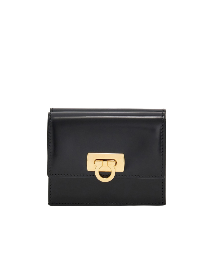 Ferragamo Gancini Clasp Wanda French Folding Wallet In Black
