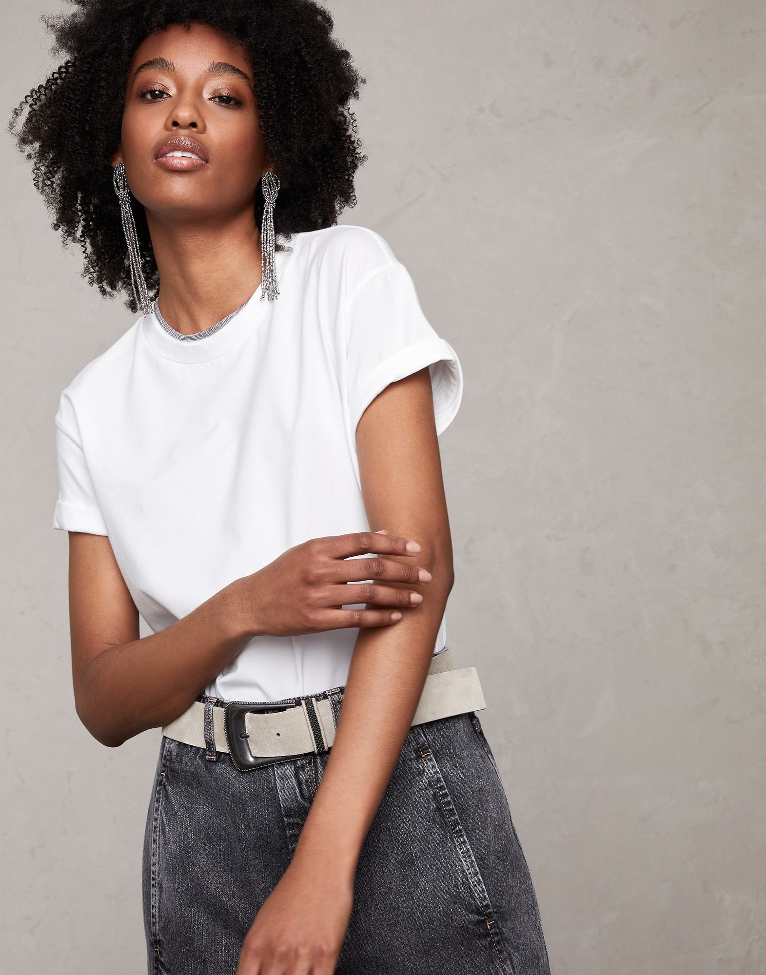 Brunello Cucinelli Stretch Cotton Jersey T-shirt With Precious Faux Layering In White