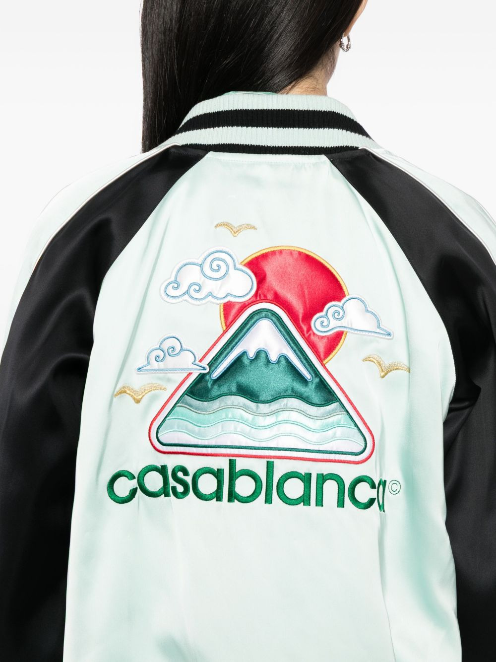Casablanca Embroidered Bicolor Satin Bomber Jacket In Blue