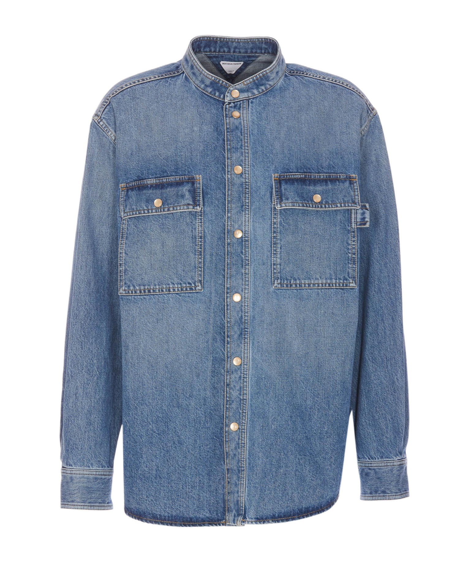 Bottega Veneta Denim Shirt With Flap Pockets And Contrasting Stitching In Blue