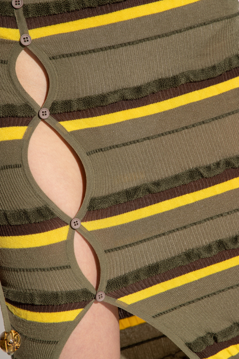 Jacquemus Concha Cutout Striped Seersucker Midi Skirt In Brown