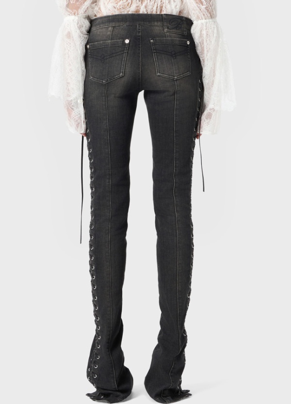 Blumarine Flared Hem Trousers With Lace-up And Frayed Edges In Black