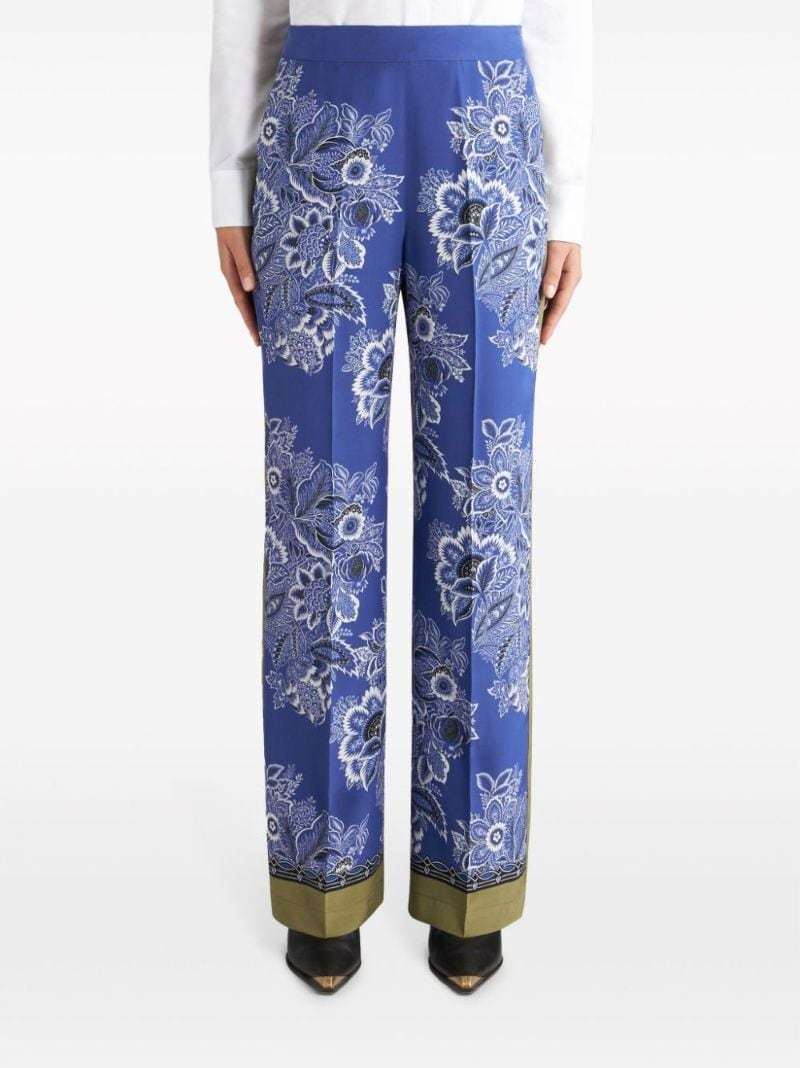 Etro High-rise Bandana Border-print Wide-leg Silk Pull-on Pants In Blue