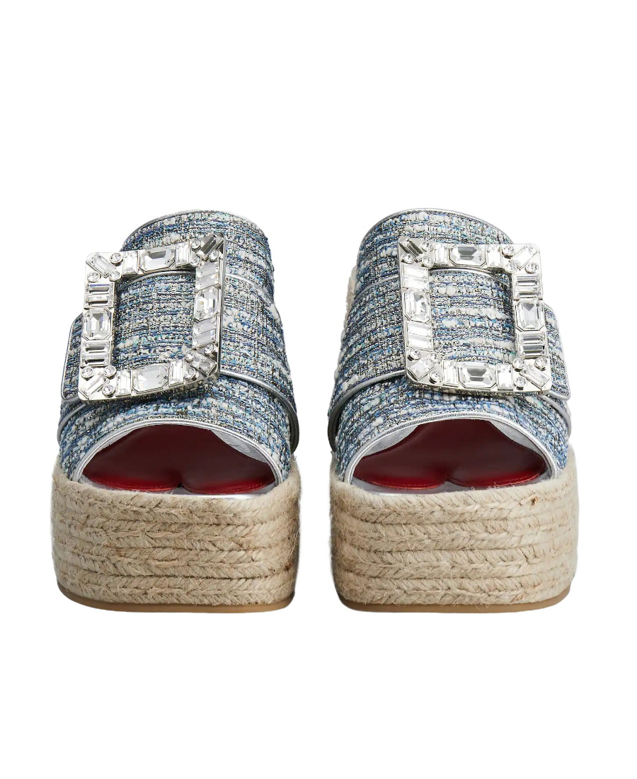 Shop Roger Vivier Strass Buckle Platform Espadrilles Mules In Fabrics In Nude