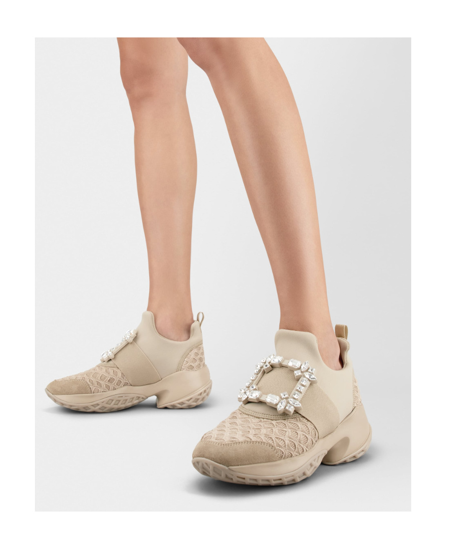Roger Vivier Crystal Buckle Mesh Sneakers In Nude