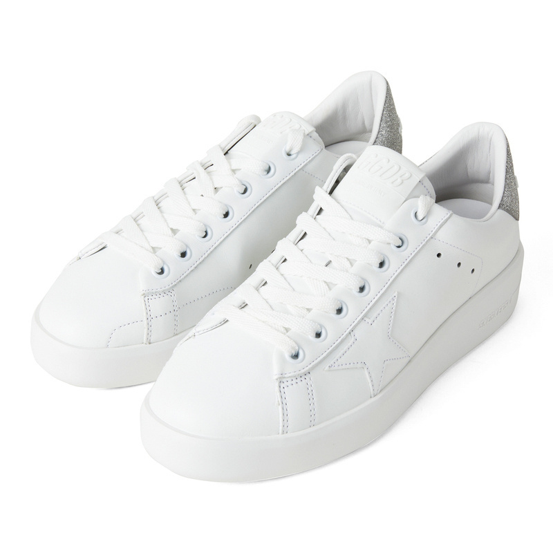 Golden Goose Purestar Sneakers In White Leather With Tone-on-tone Star And Silver Micro-glitter Heel Tab In White