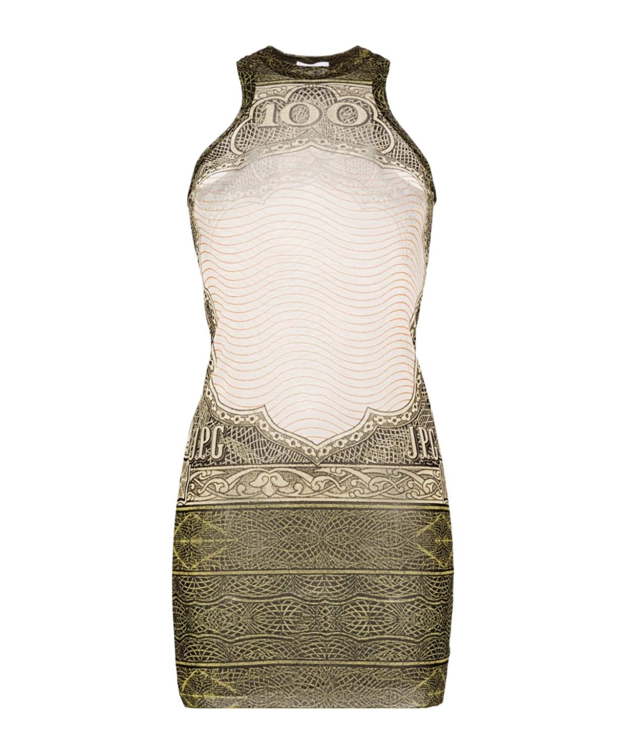 Jean Paul Gaultier Mesh Sleeveless Short Dress In Cartouche Print In Multicolor