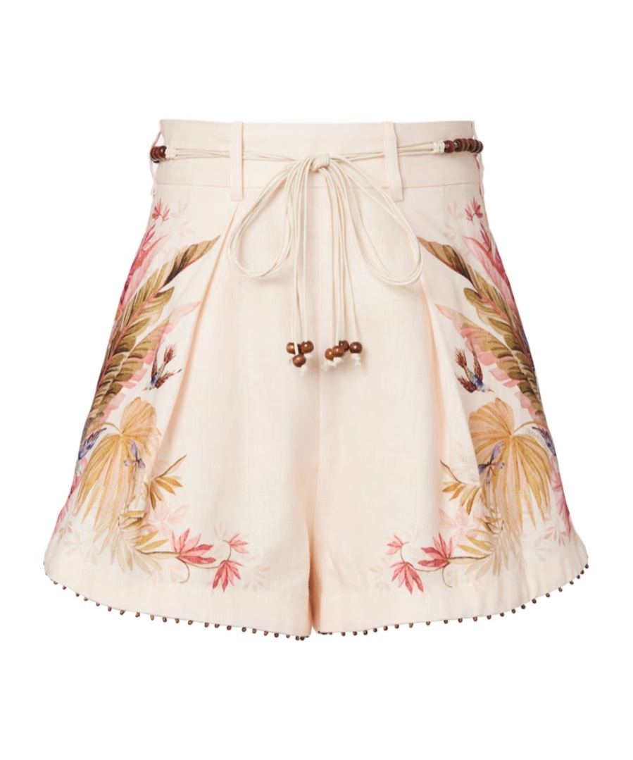 Zimmermann Floral Print Linen Shorts With Removable Waist Strap And Side Pockets In Multi