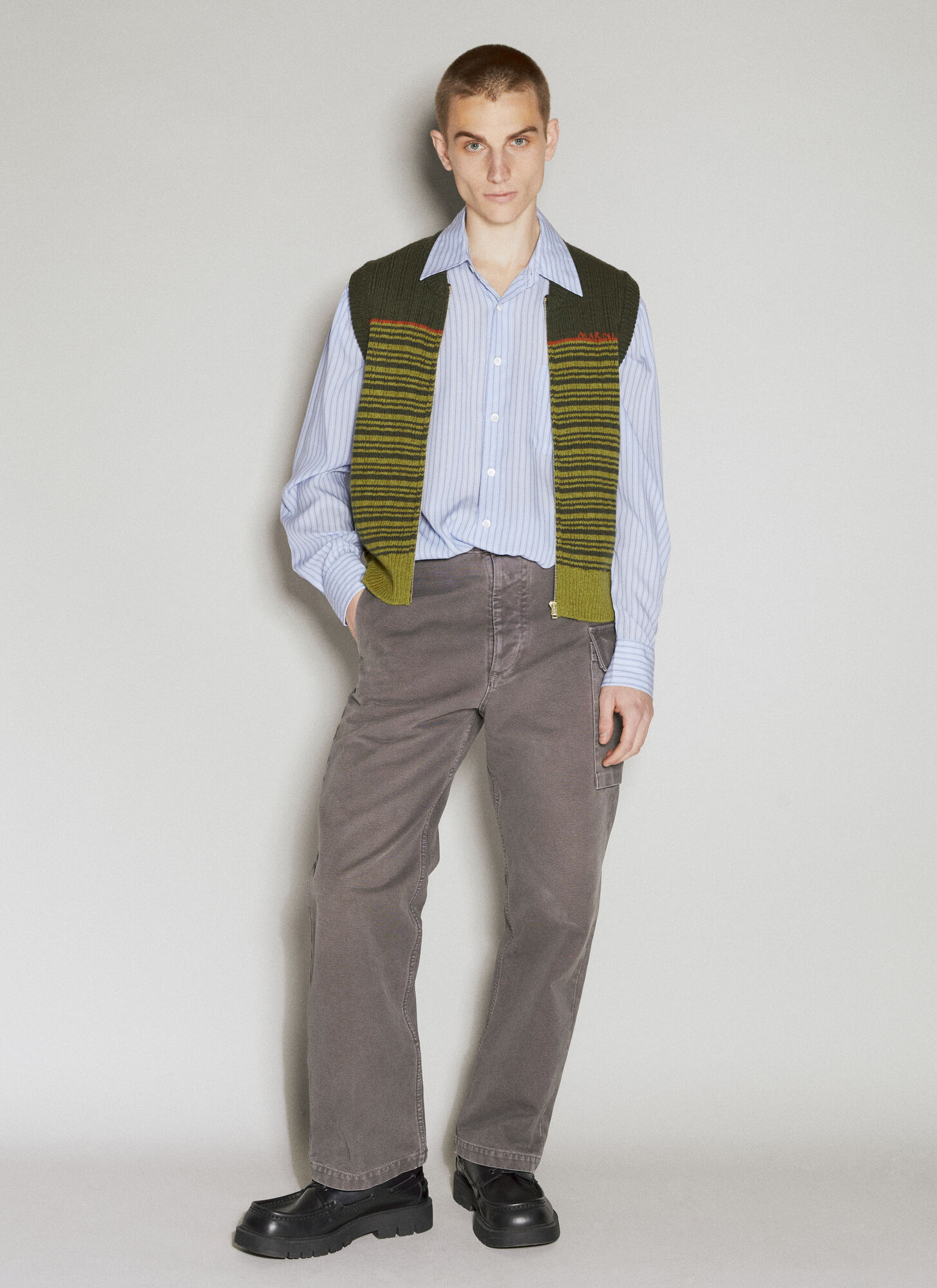 Shop Marni Zip-up Striped Knitted Gilet In Green