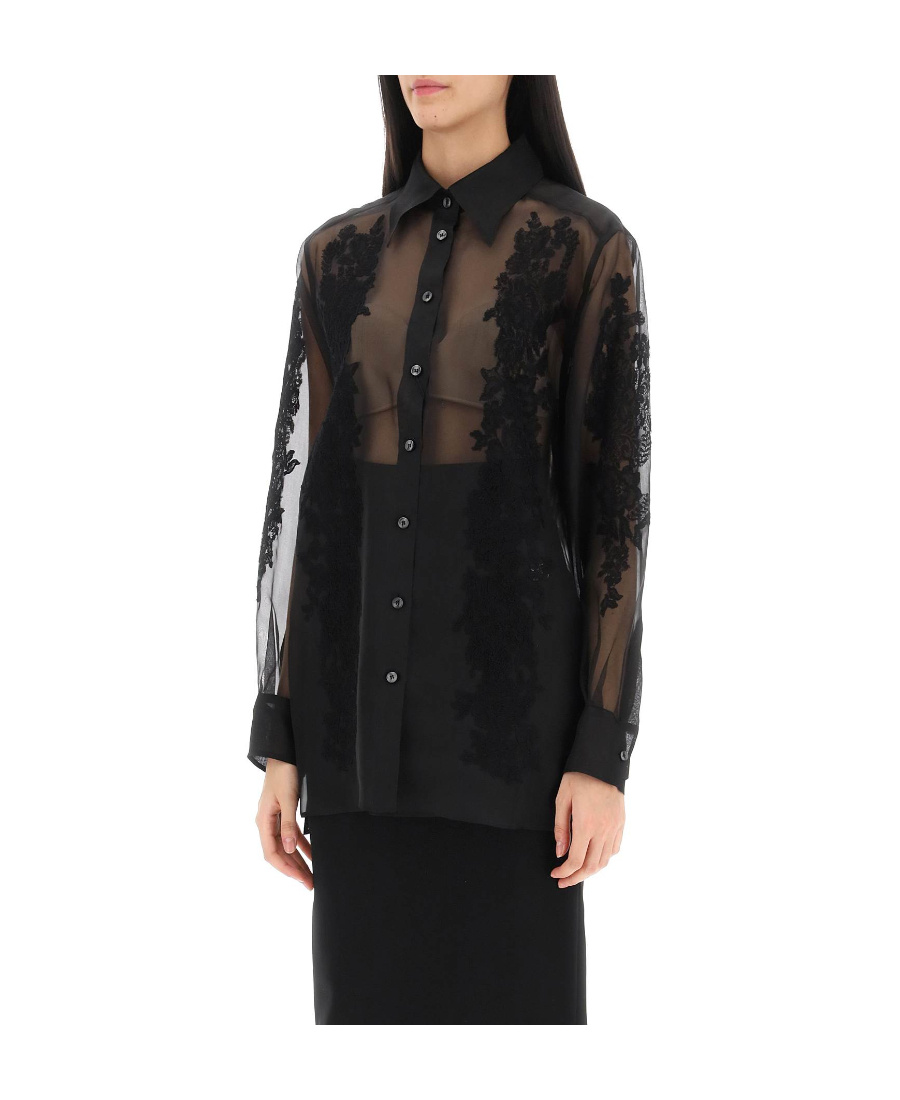 Dolce & Gabbana Organza Shirt With Lace Inserts In Gray