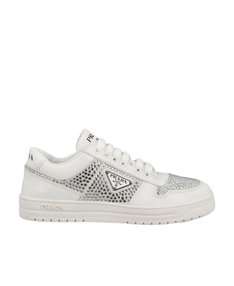 Prada Downtown Crystal-embellished Leather Sneakers In White